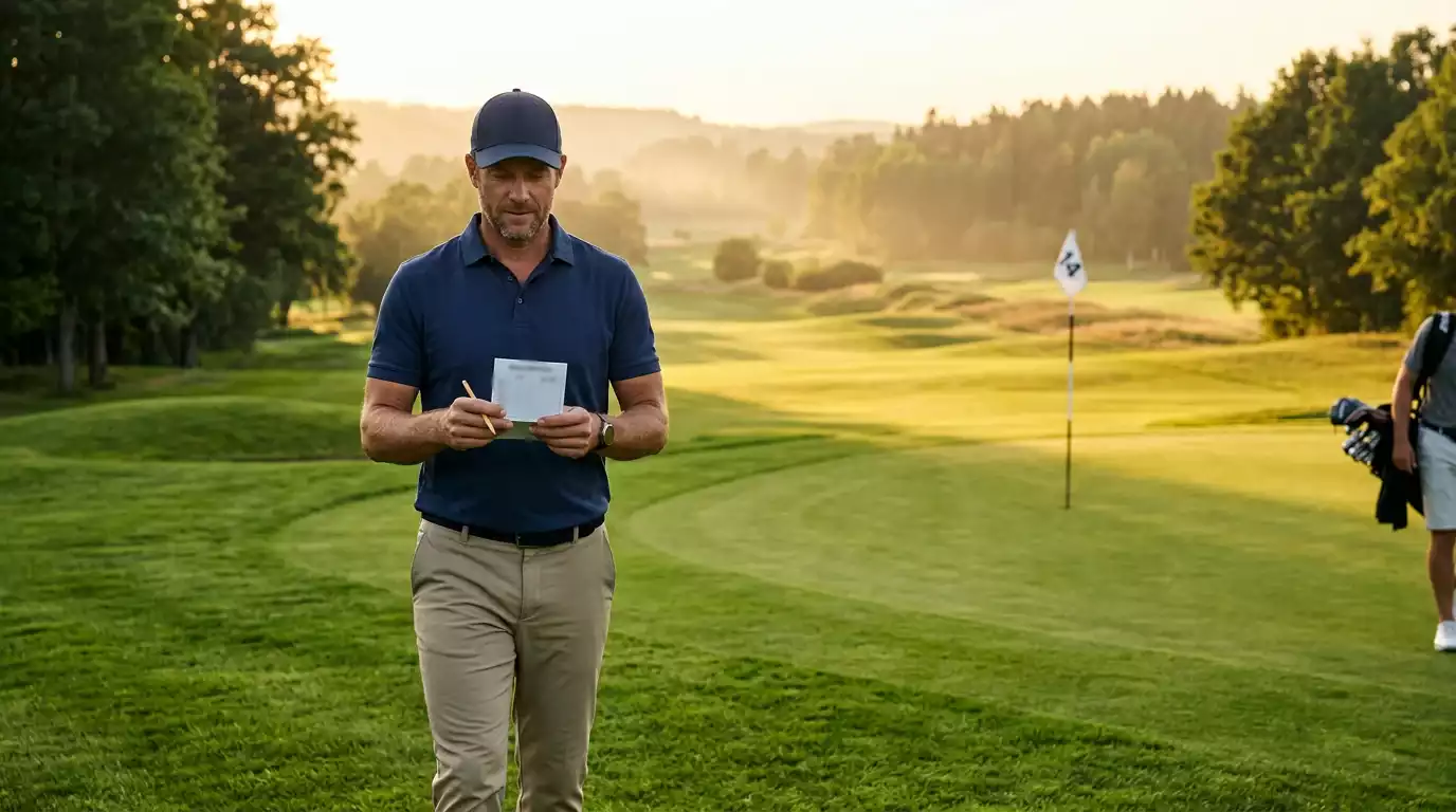 Golfspelare på fairway med scorekort och vadslagningsanteckningar