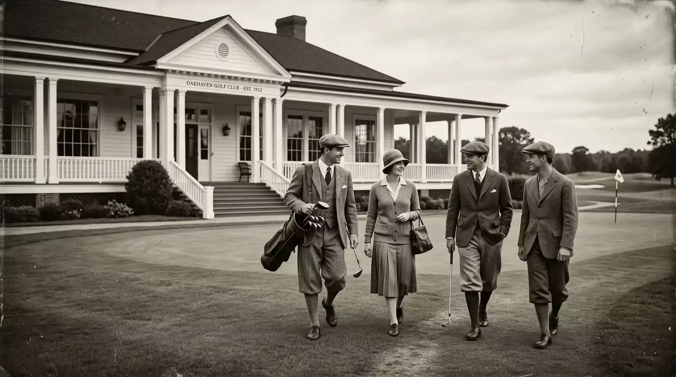 Historisk golfbana med spelare i klassisk klädsel